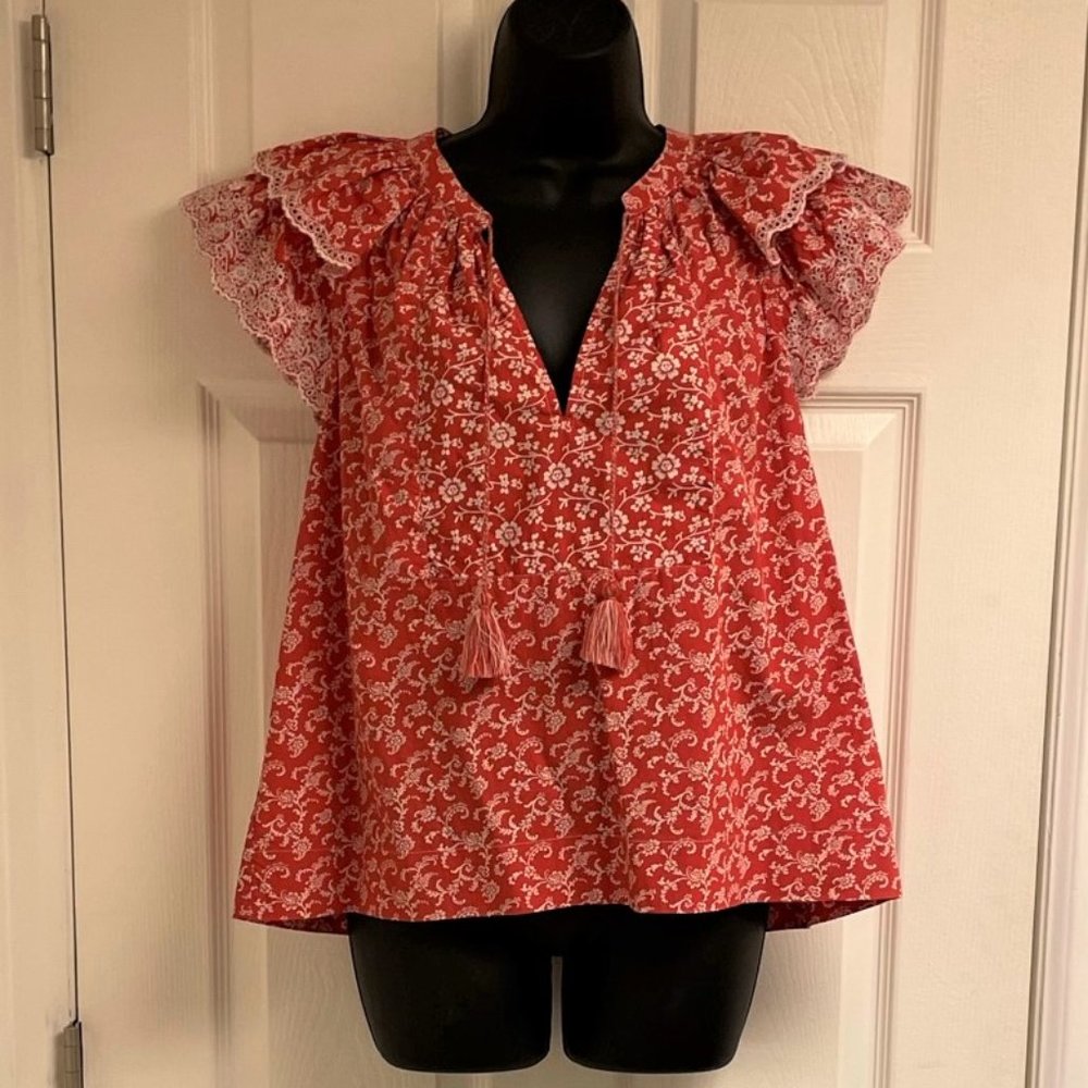 Ulla Johnson Eyelet Sleeve Floral Print Cotton Top
